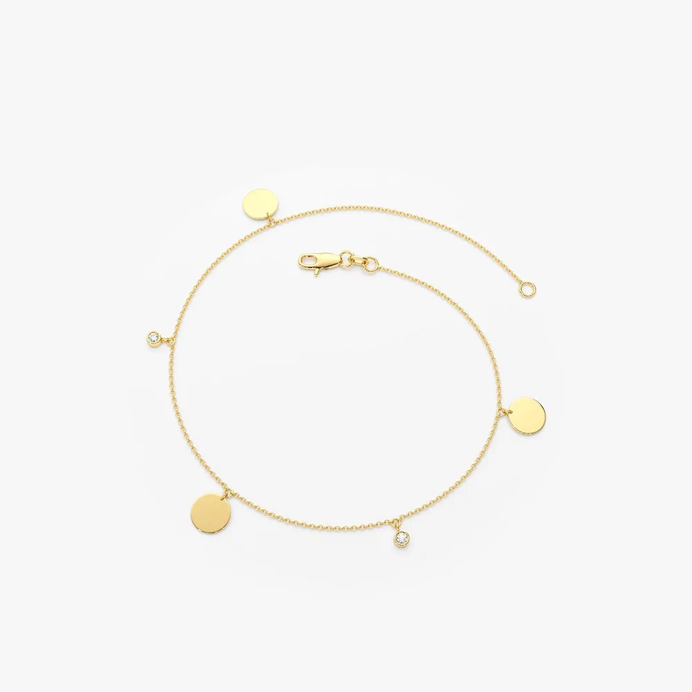 14k Dangling Diamond Bracelet with Dangling Gold Disc