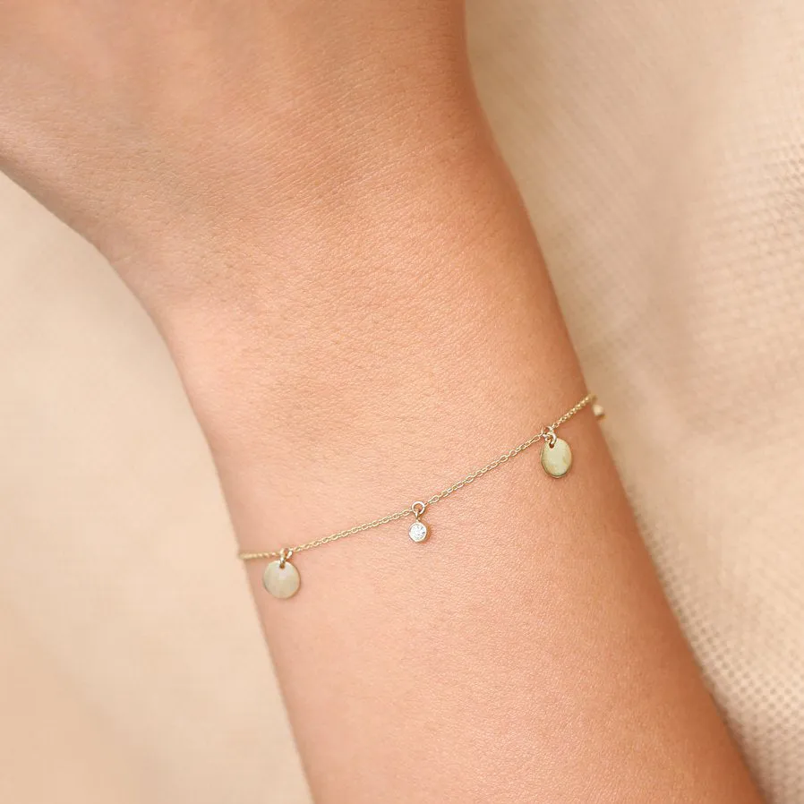 14k Dangling Diamond Bracelet with Dangling Gold Disc