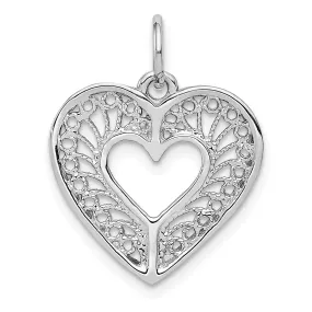 14k White Gold Solid Fancy Filigree Heart Charm