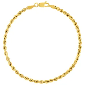 14k Yellow Gold Hollow 3mm Rope Chain Bracelet with Lobster Lock - Light Rope Chain Bracelet with Diamond Cut