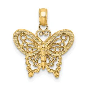 14K Yellow Gold Open Back Solid Polished Finish Textured Filigree Beaded Butterfly Charm Pendant