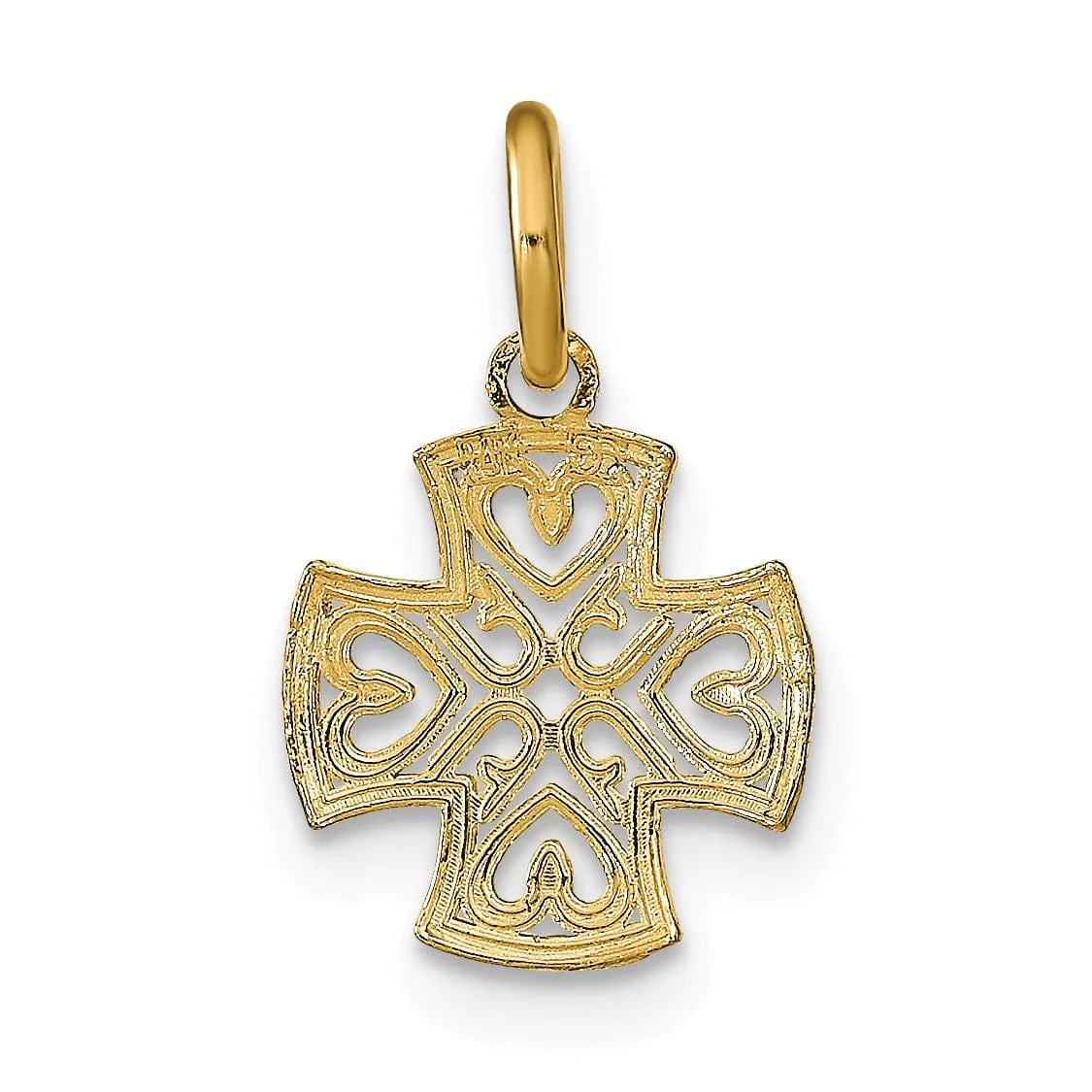 14K Yellow Gold, White Rhodium Small Size Filigree Polished Diamond Cut Finish Hearts Design Maltese Cross Pendant