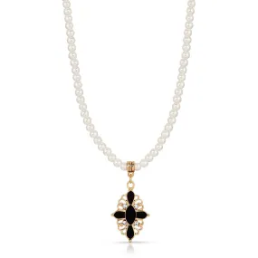 1928 Jewelry Enamel & Stone Black Cross 4mm Faux Pearl Strand Pendant Necklace 15"  3" Extender