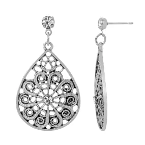 1928 Jewelry Swirly Filigree Crystal Post Drop Earrings