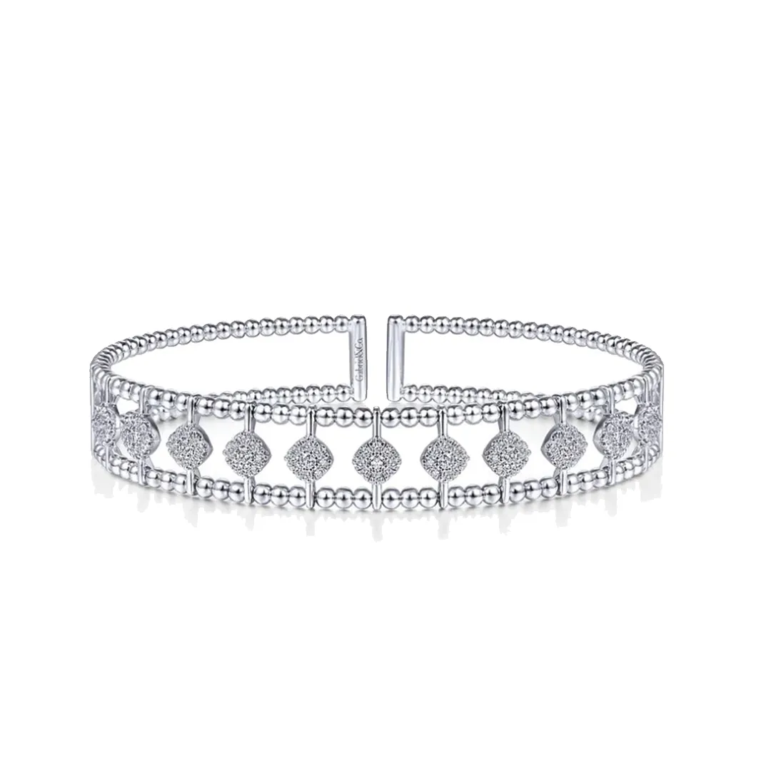 2 Row Beaded Cuff Bracelet With Diamond Pave Stations