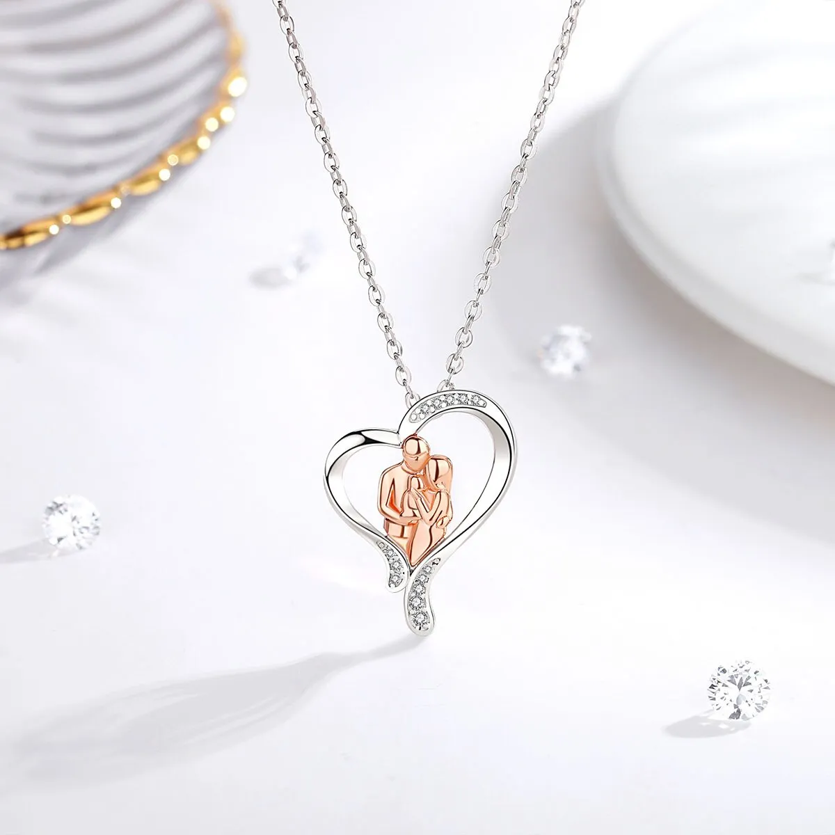 925 SilverI Mom Dad Baby Rose Gold Pendant Family Embraces Pure CZ Necklace Women Fashion Jewelry Mom Birthday Day Gift