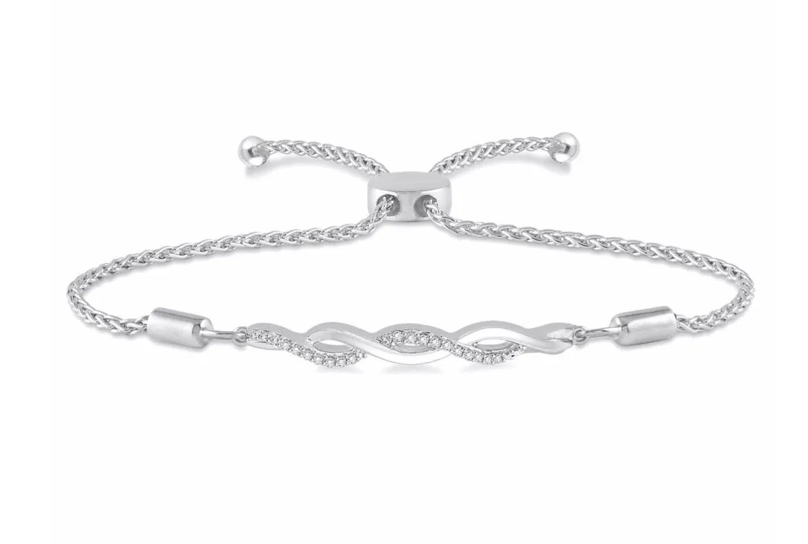 Adjustable Bolo Clasp Swirl Bracelet With Diamonds In Sterling Silver