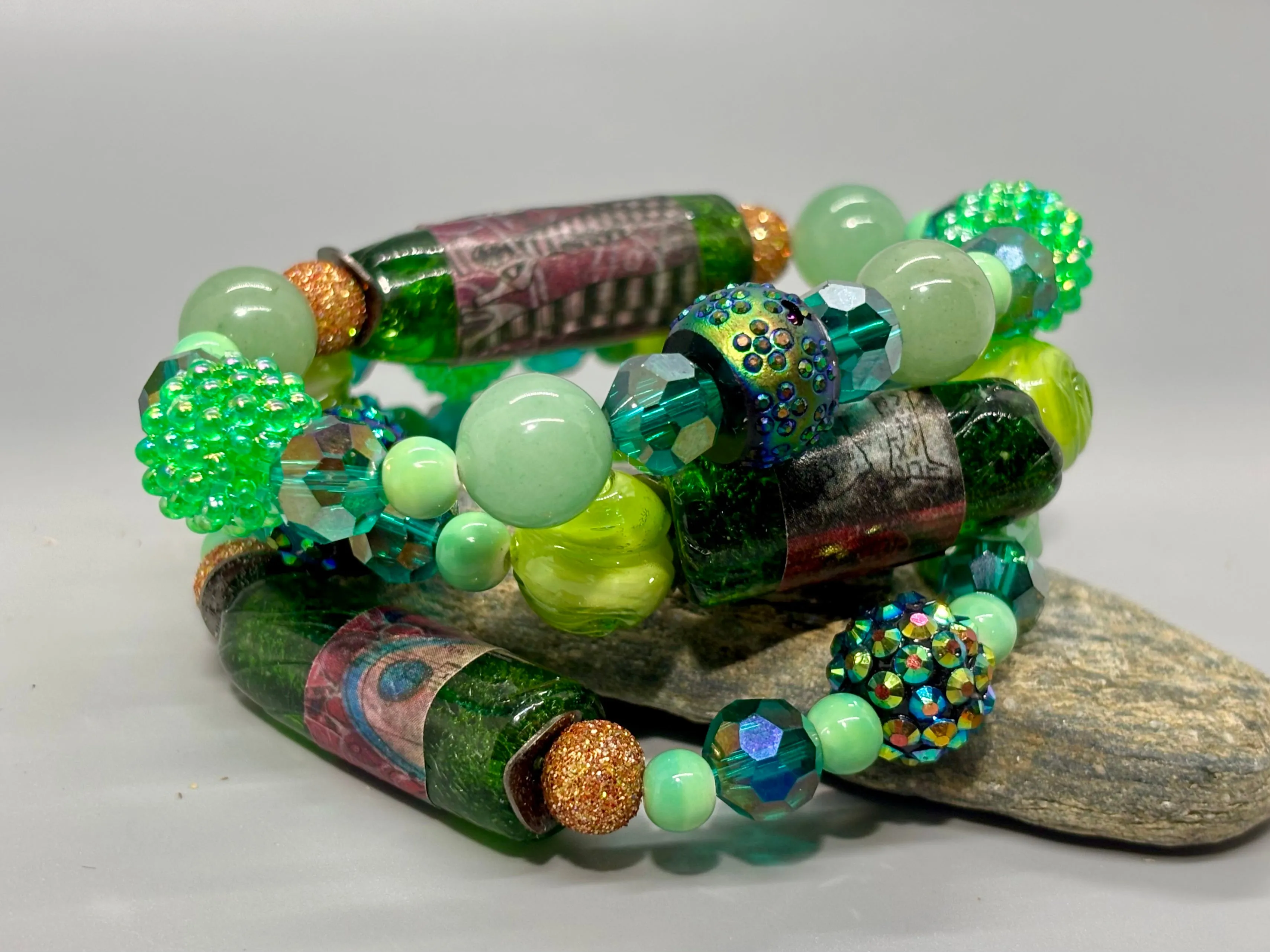 Big Fun Green Mixed Media Stretch Bracelet Set