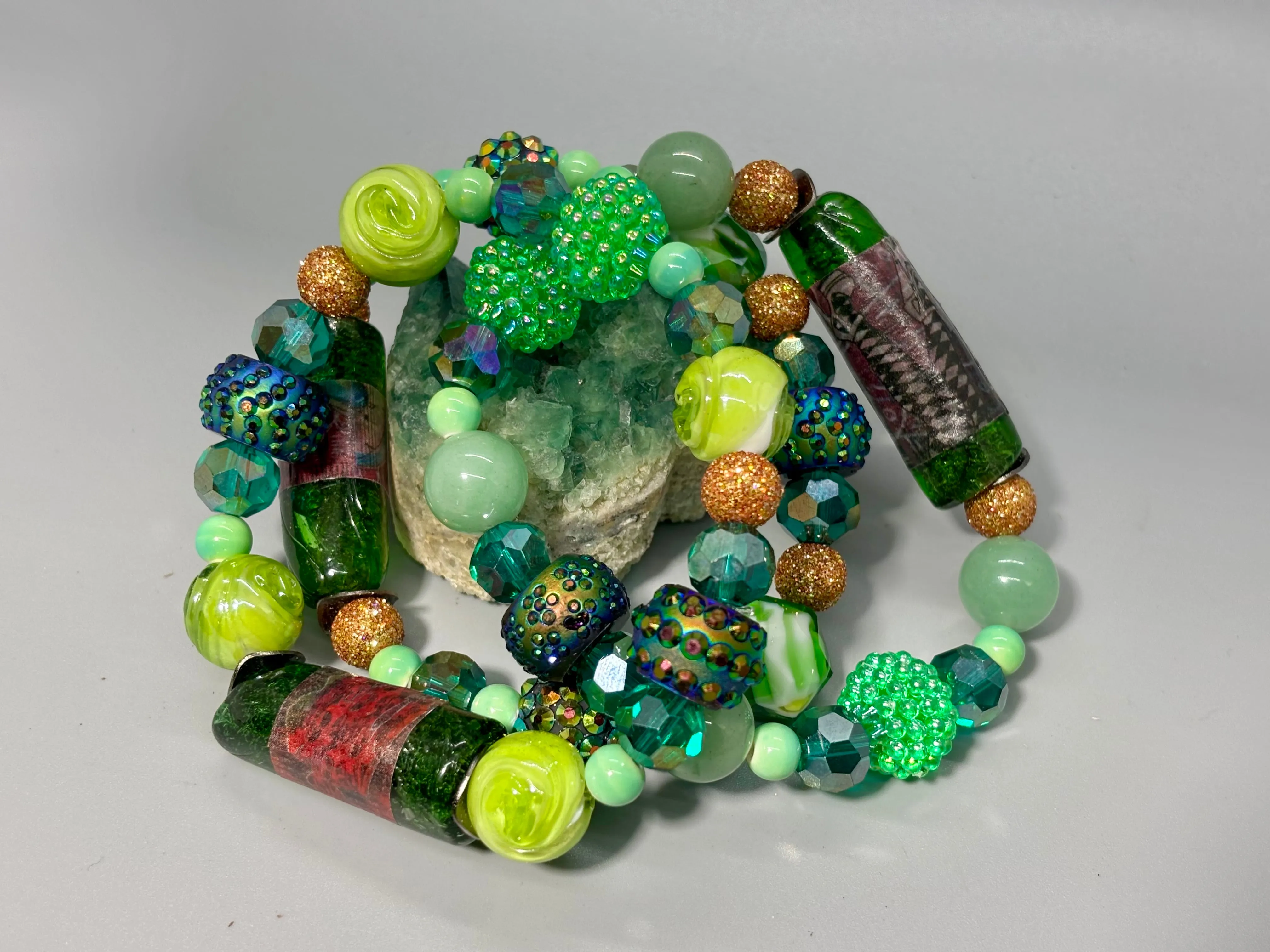 Big Fun Green Mixed Media Stretch Bracelet Set