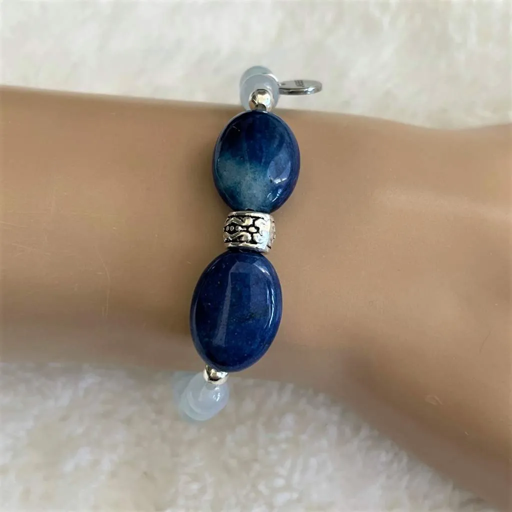 Blue Quartz and Blue Agate Beaded Bracelet with Silver Beads