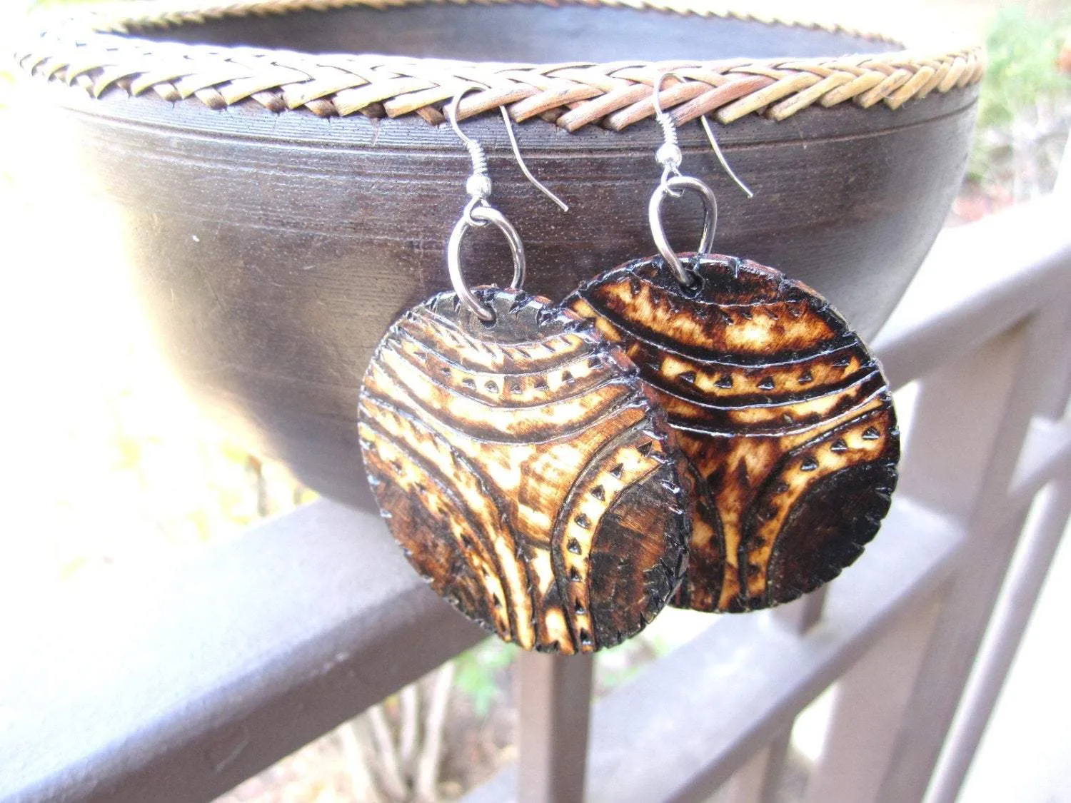 Circle Wood Burn Earrings Wooden Burned Earring Wood Burned Wood