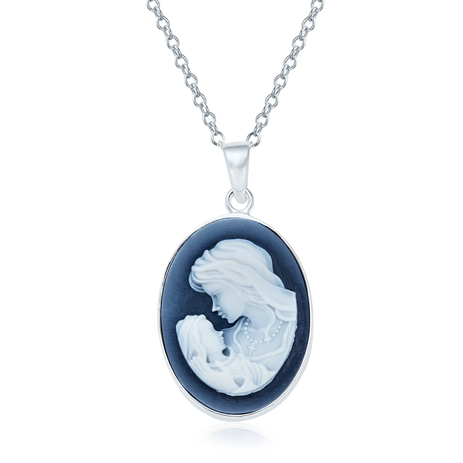 Classic Victorian Lady Portrait Cameo Pendant Necklace in Sterling Silver Blue & White