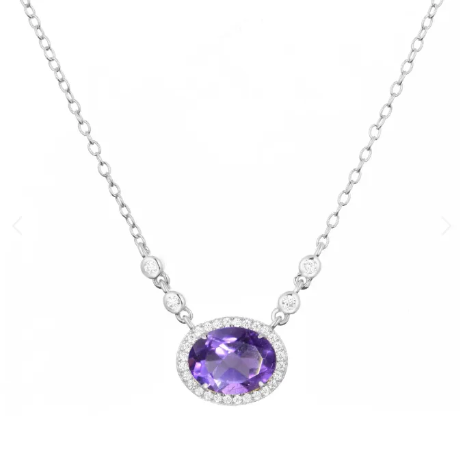 CLEARANCE - Kamaria Silver Oval Gemstone Halo Necklaces