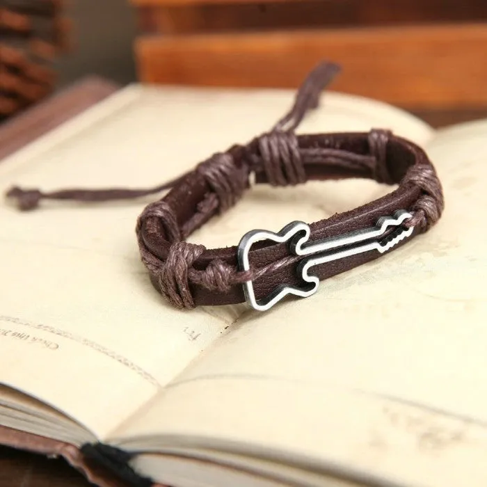 Genuine Leather Bracelets Hollow Guitar Charm Bracelet for Women Men Friendship Bracelets Fine Jewelry Christmas Gift