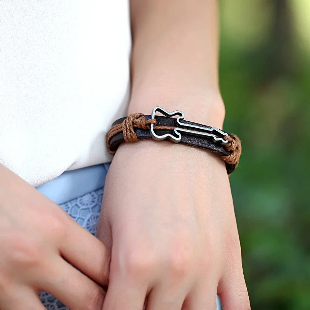 Genuine Leather Bracelets Hollow Guitar Charm Bracelet for Women Men Friendship Bracelets Fine Jewelry Christmas Gift