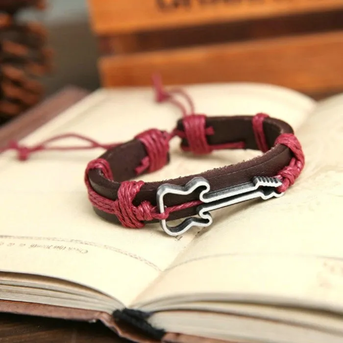 Genuine Leather Bracelets Hollow Guitar Charm Bracelet for Women Men Friendship Bracelets Fine Jewelry Christmas Gift