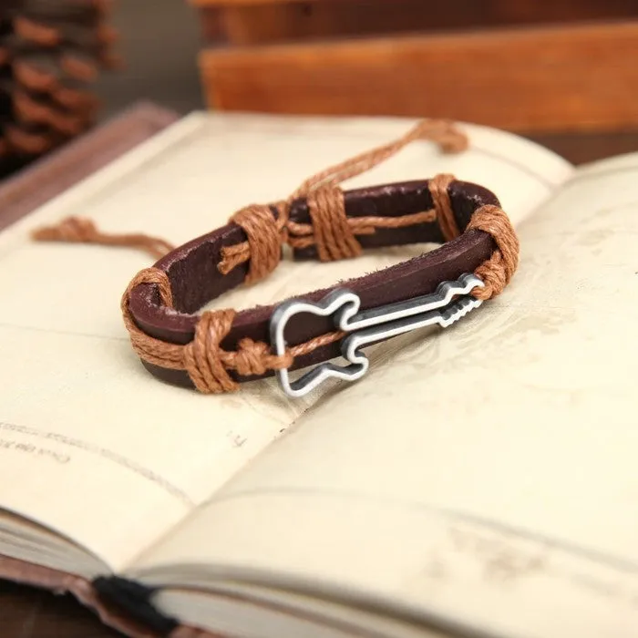 Genuine Leather Bracelets Hollow Guitar Charm Bracelet for Women Men Friendship Bracelets Fine Jewelry Christmas Gift