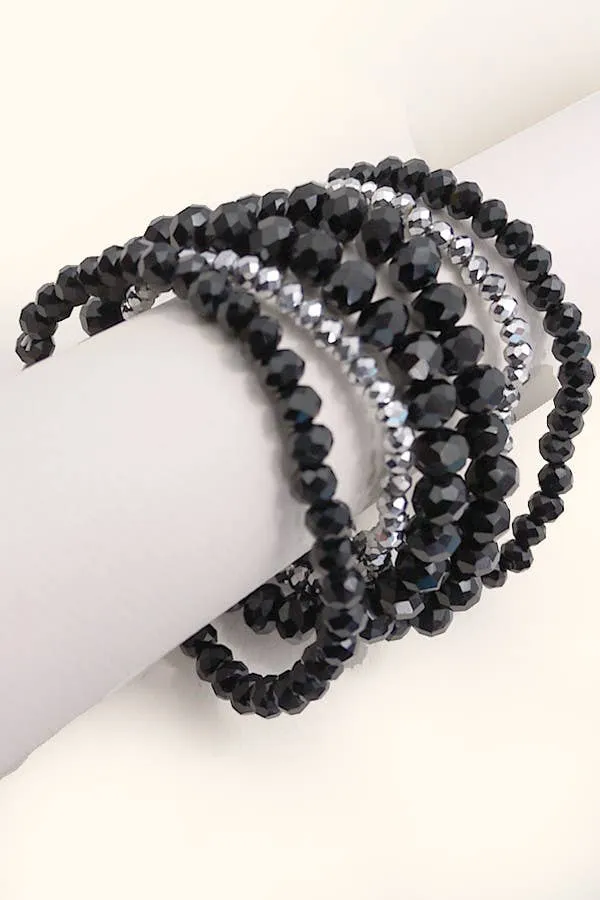 GLASS CRYSTAL BEADED 7 SET STRETCH BRACELET | 40B113: Black