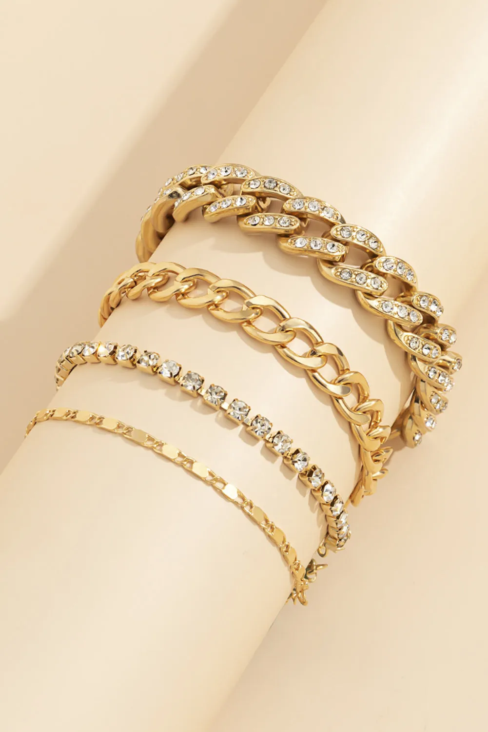 Gold 4pcs Rhinestone Decor Adjustable Chain Bracelet Set