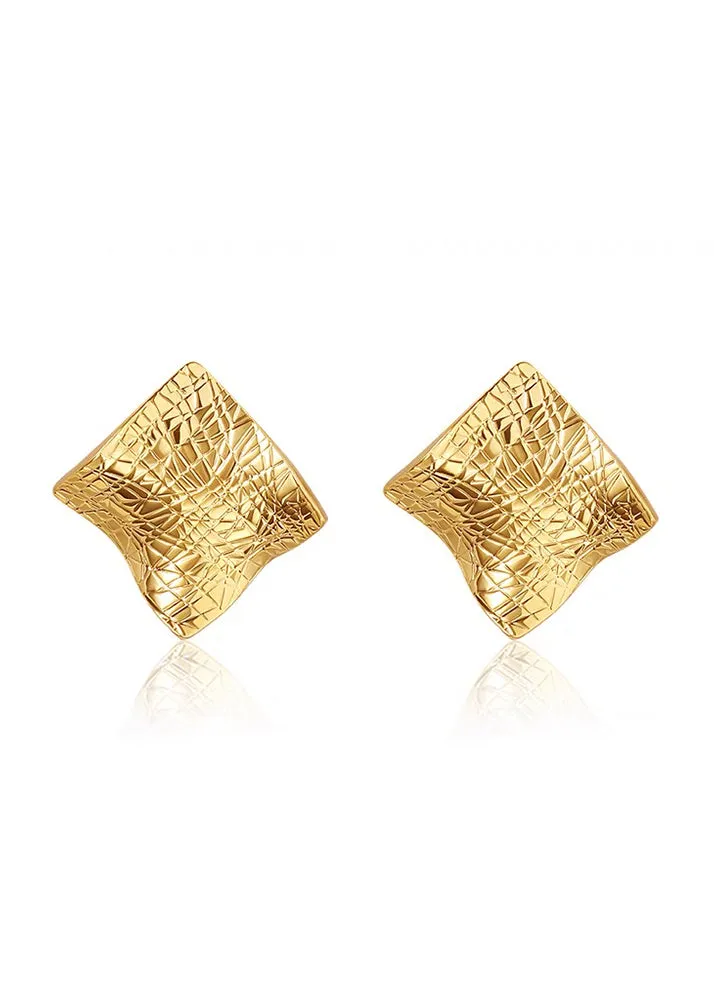 Gold Square Crumpled Stud Earrings