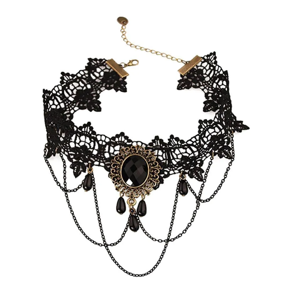 Gothic Crystal Black Choker with Pendants