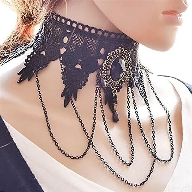 Gothic Crystal Black Choker with Pendants