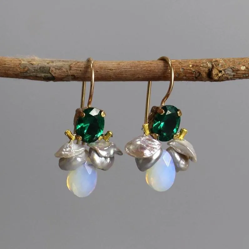 Green Glass Opalite Bee Earrings