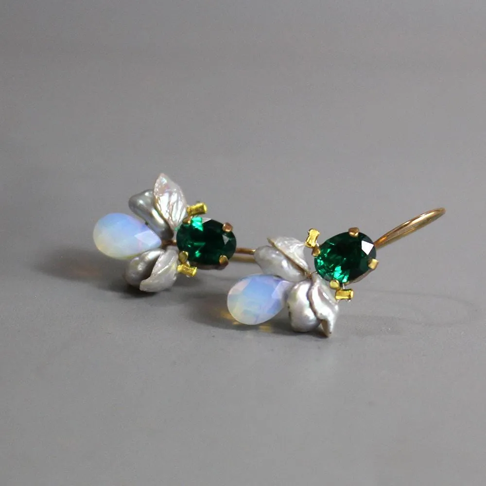 Green Glass Opalite Bee Earrings