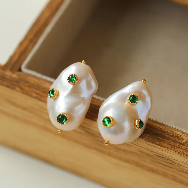 Handcrafted Baroque Pearls Earrings-Green