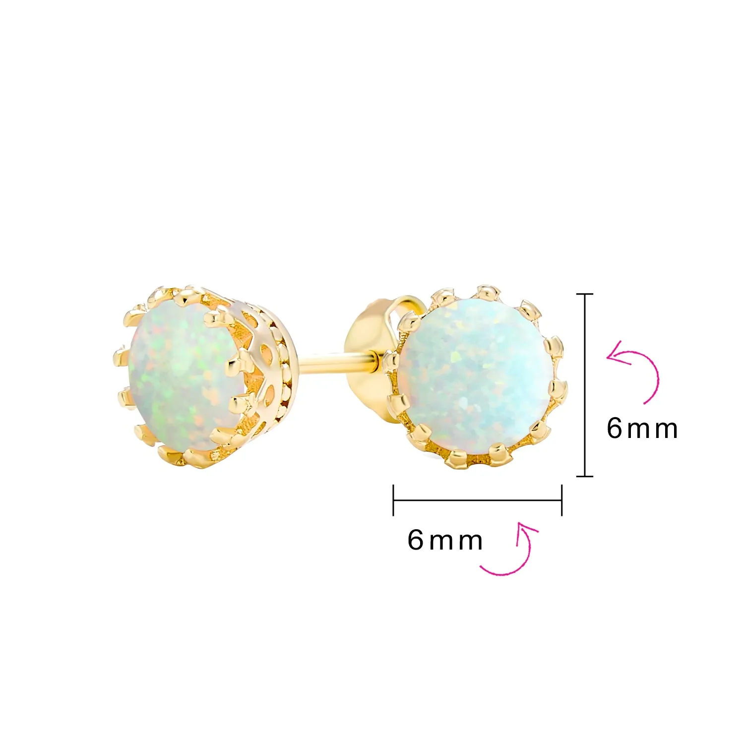 Iridescent Opal Crown Stud Earrings in Rose Gold & Sterling Silver, 6MM Birthstone