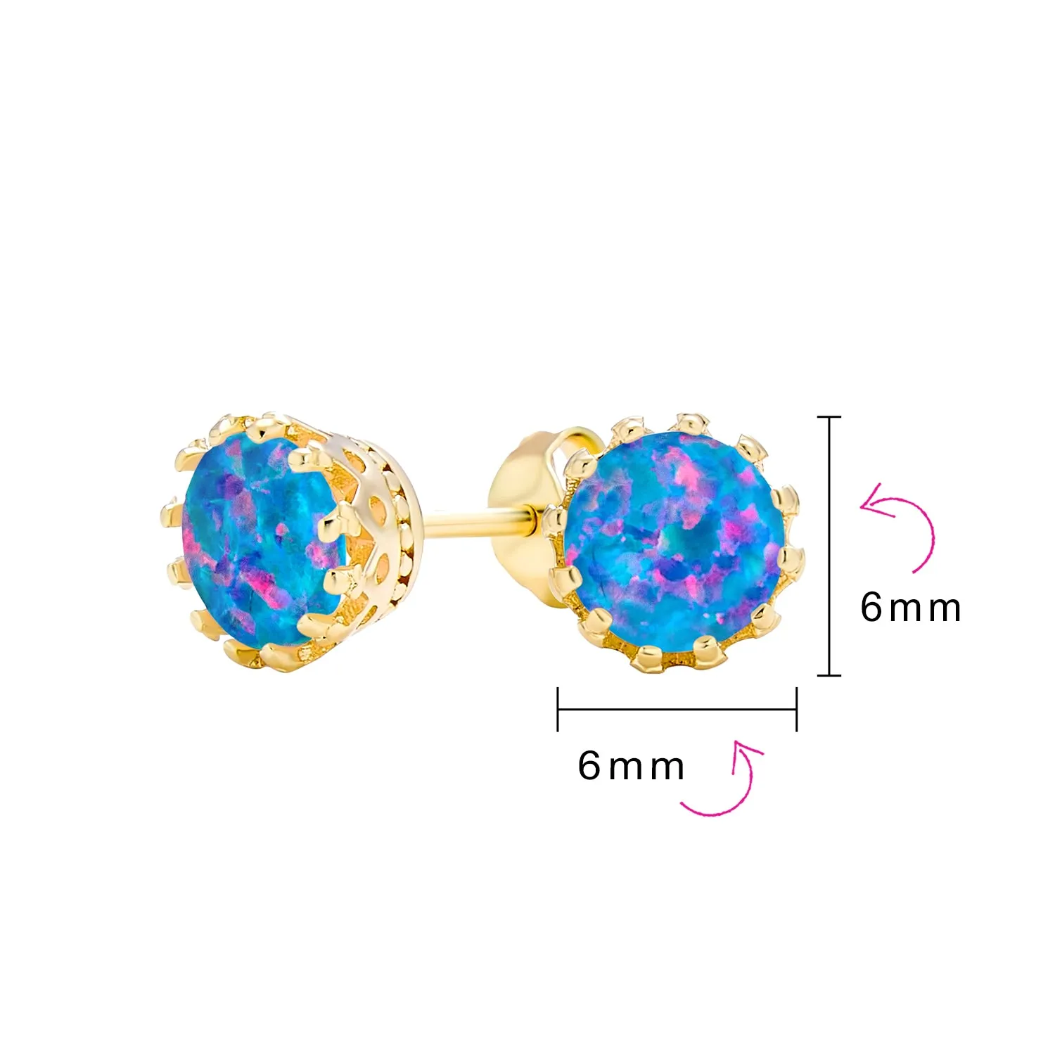 Iridescent Opal Crown Stud Earrings in Rose Gold & Sterling Silver, 6MM Birthstone