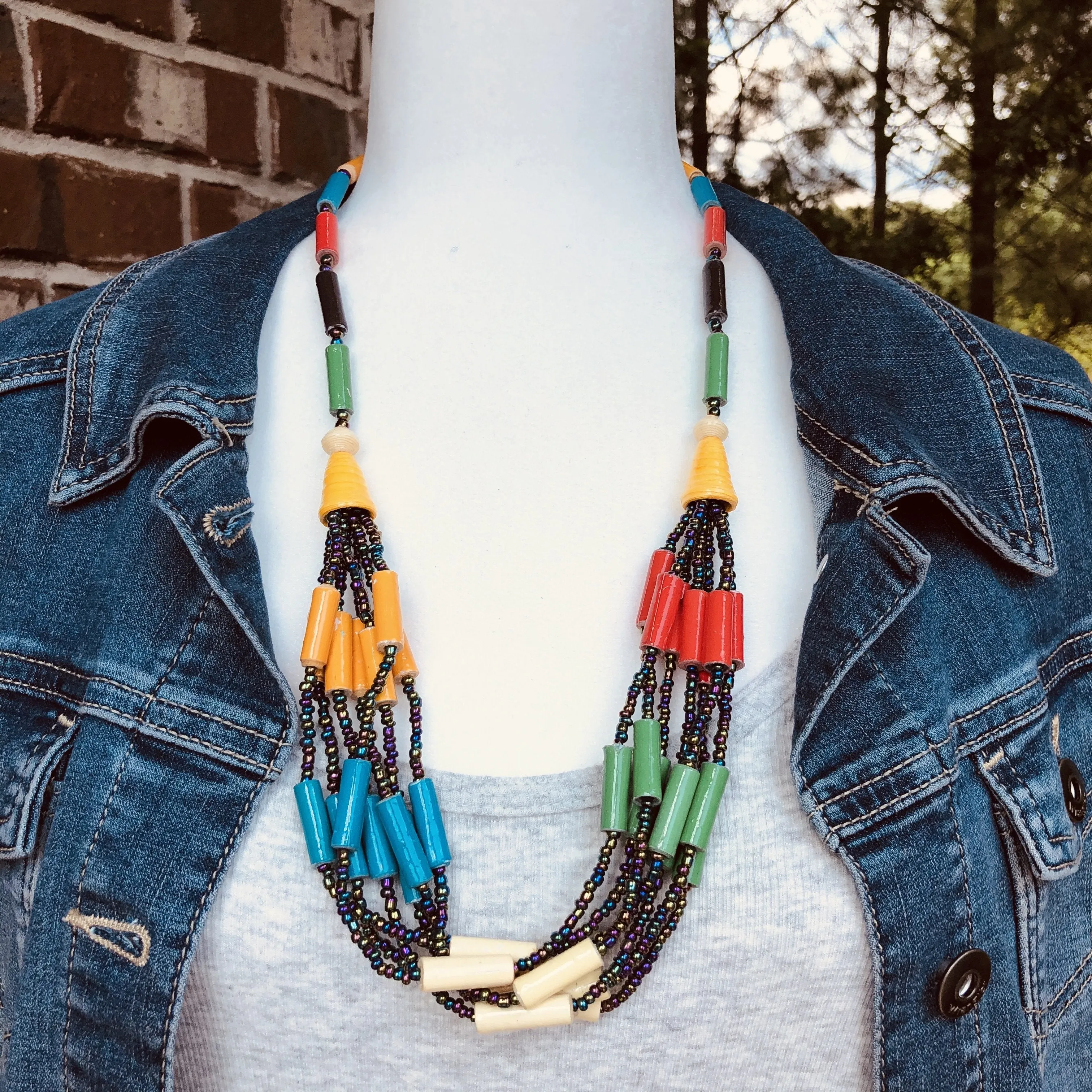 Kyenvu Handmade Beaded Offset Multi Strand Necklace in a Bold Multi Color Combination