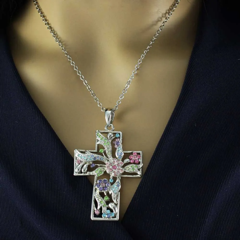 Large Floral Pastel Cross Pendant with Chain - PT520