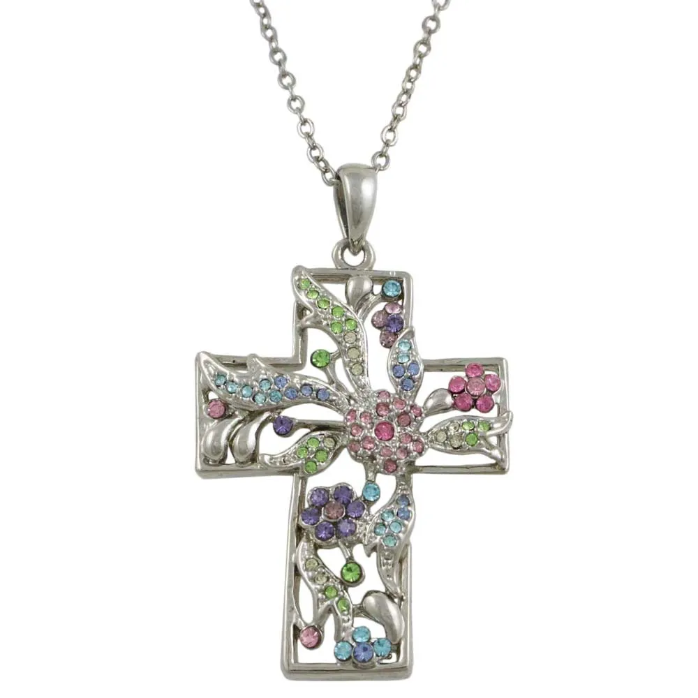 Large Floral Pastel Cross Pendant with Chain - PT520