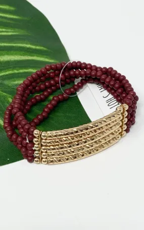 Maroon Wood & Gold Stacked Bracelets - 5