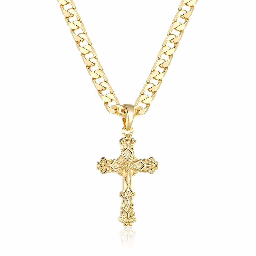 New Gold Filigree Cross Pendant 22 Inch 4mm Cuban Chain