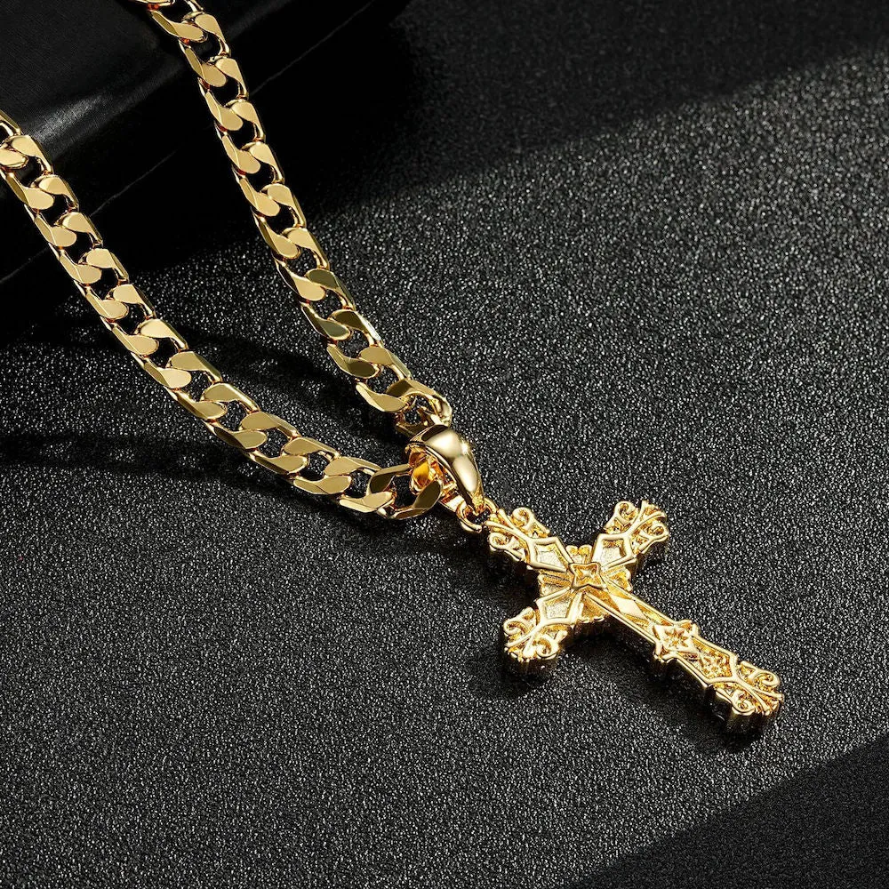 New Gold Filigree Cross Pendant 22 Inch 4mm Cuban Chain