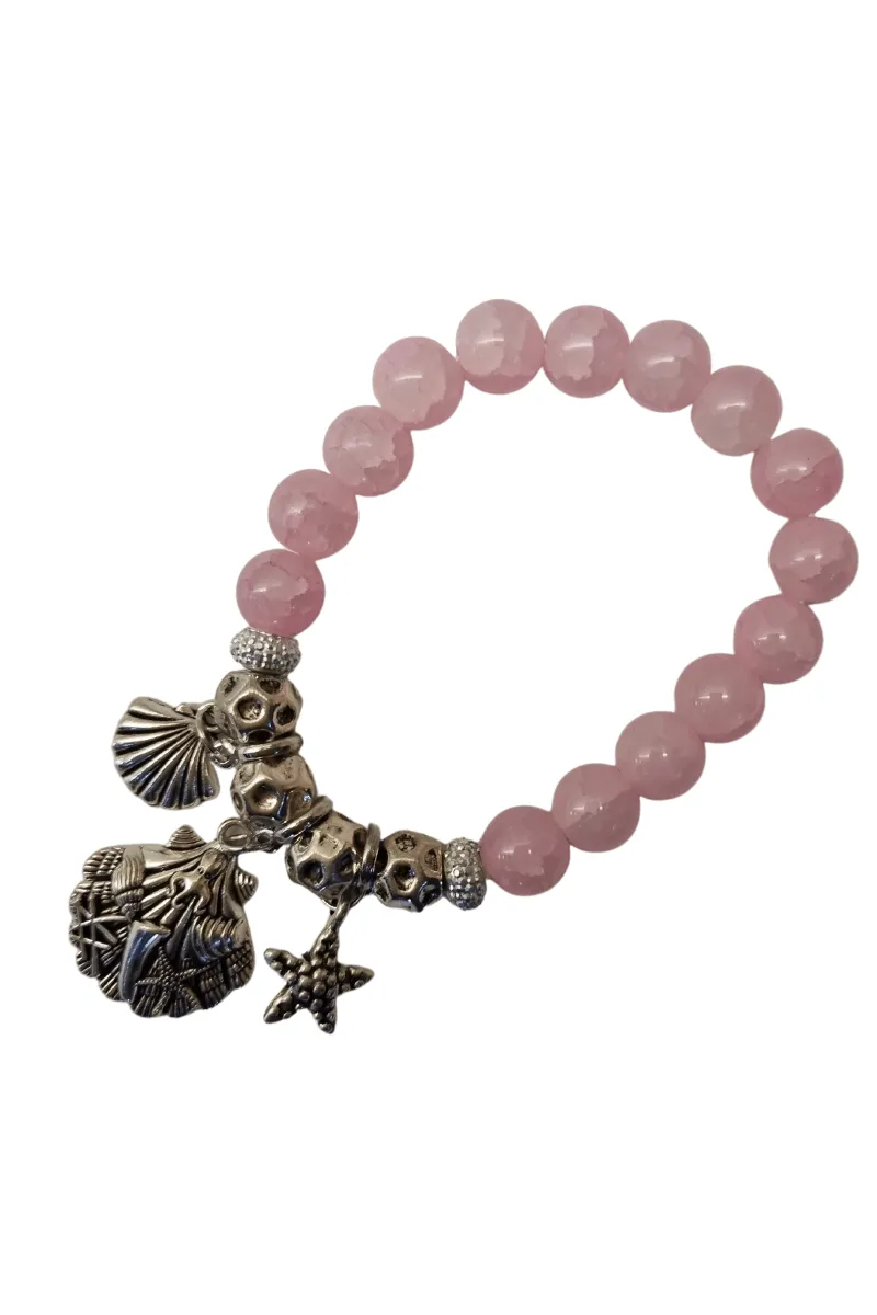 Pale Pink Glass & Silver Plated Bracelet Clam Shell