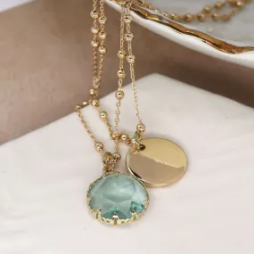 POM Layered Golden Disc and Aqua Crystal Necklace