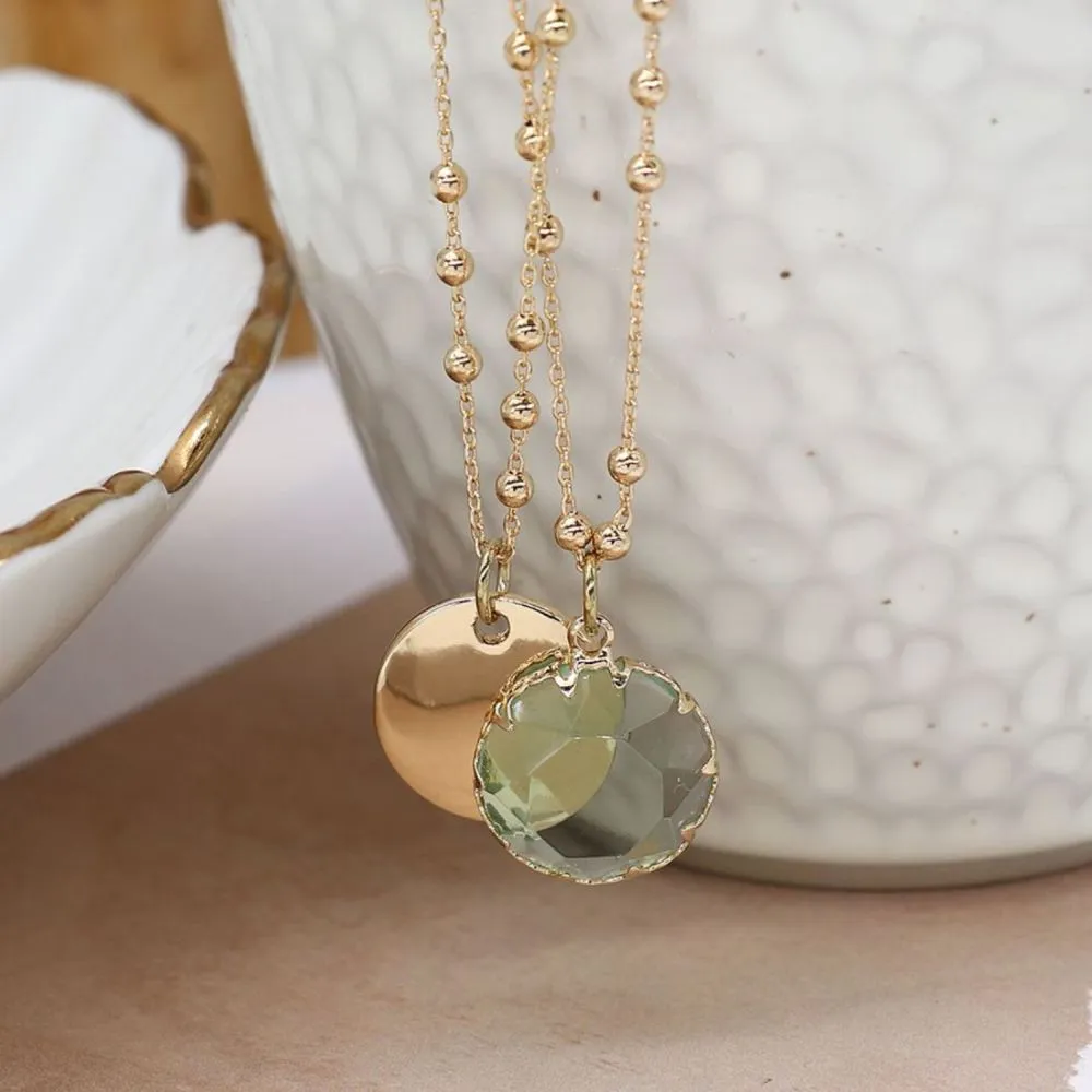 POM Layered Golden Disc and Aqua Crystal Necklace