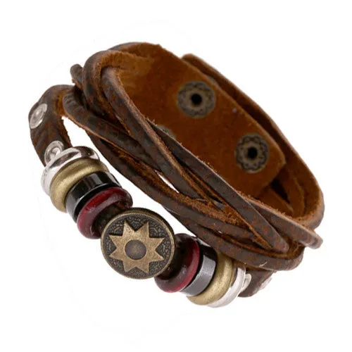 Pulseras Bijoux Handmade Genuine Leather Braided Buckle Bracelet Bronze Round Flower Rivet Retro Jewelry Surfer Couple Bracelet