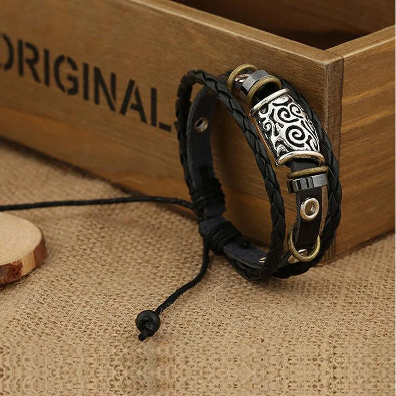 Punk Men's Braided Leather Chain Strap Cuff Bracelet Antique Silver Plated Tattoo Circle Bead Charm Bracelet Vintage Rope Bangle