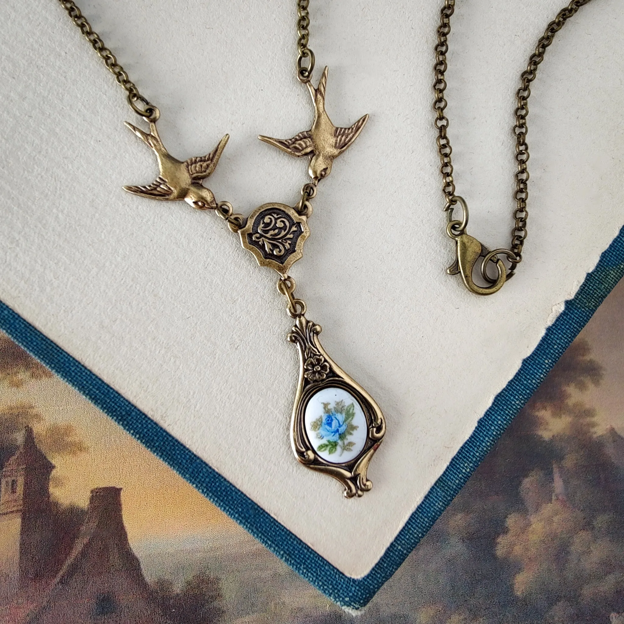 Rose Cameo Necklace with Birds in Antiqued Brass or Silver Choose Blue, Yellow, or Pink