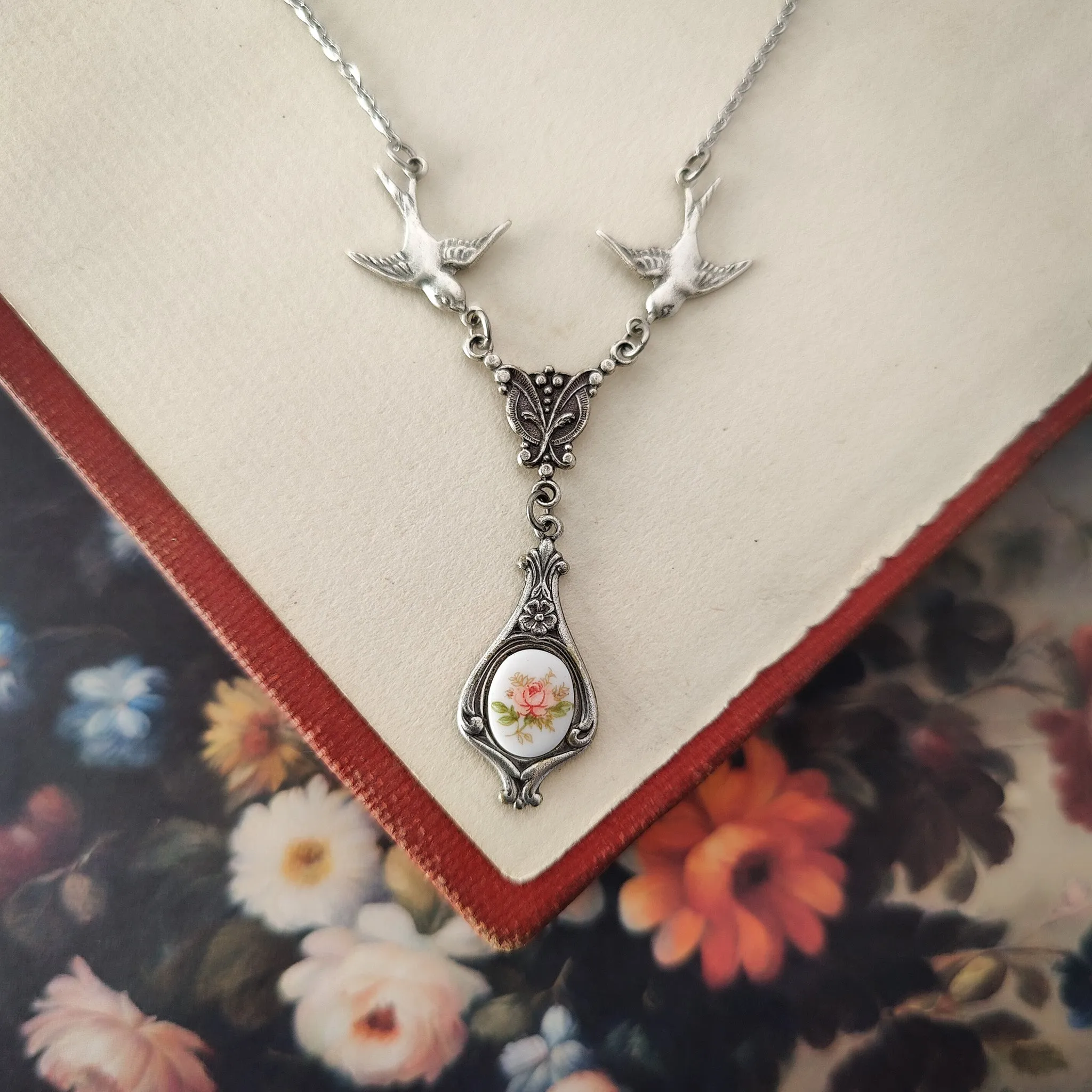 Rose Cameo Necklace with Birds in Antiqued Brass or Silver Choose Blue, Yellow, or Pink