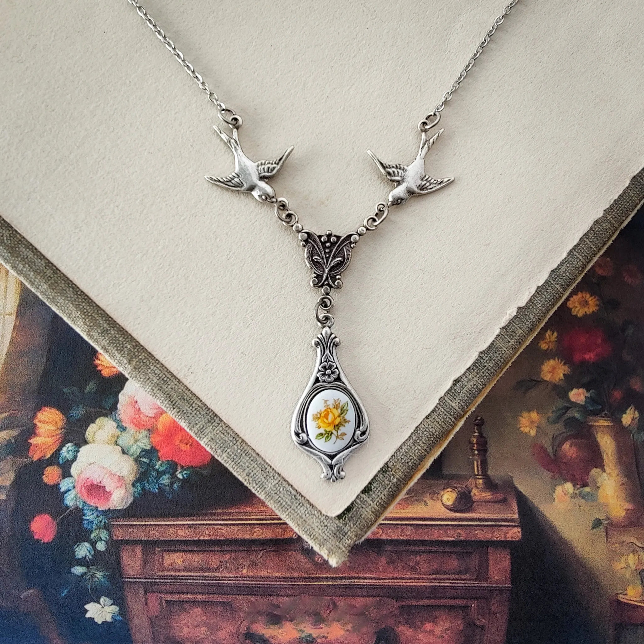 Rose Cameo Necklace with Birds in Antiqued Brass or Silver Choose Blue, Yellow, or Pink