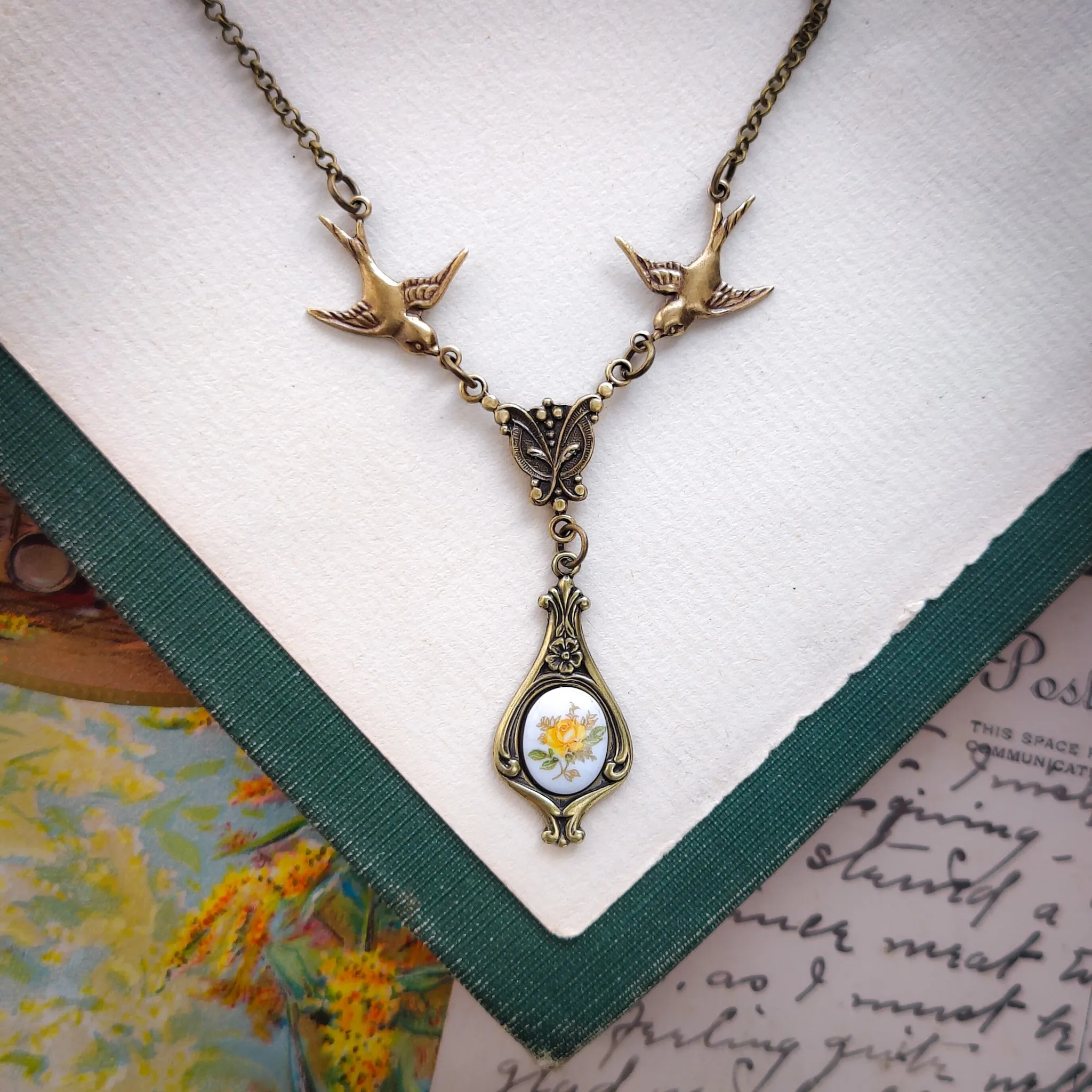 Rose Cameo Necklace with Birds in Antiqued Brass or Silver Choose Blue, Yellow, or Pink