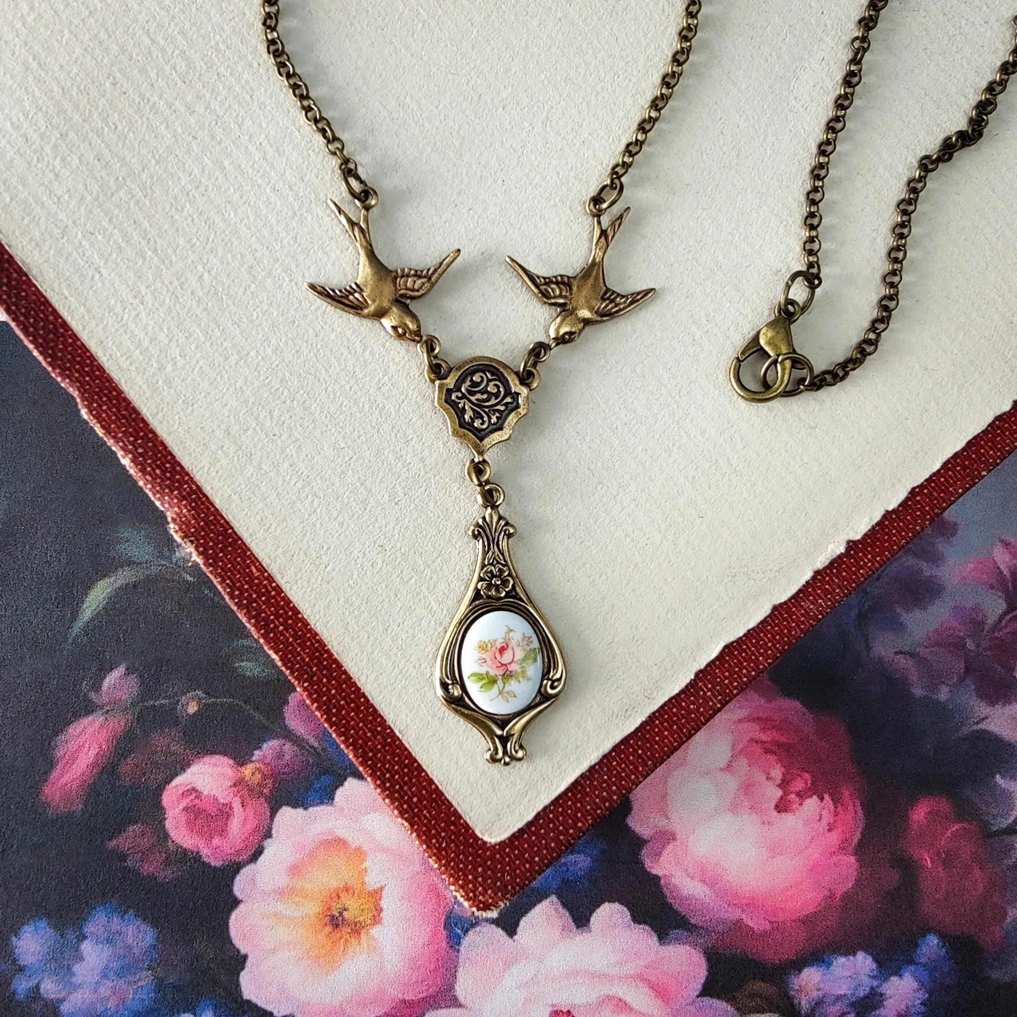 Rose Cameo Necklace with Birds in Antiqued Brass or Silver Choose Blue, Yellow, or Pink