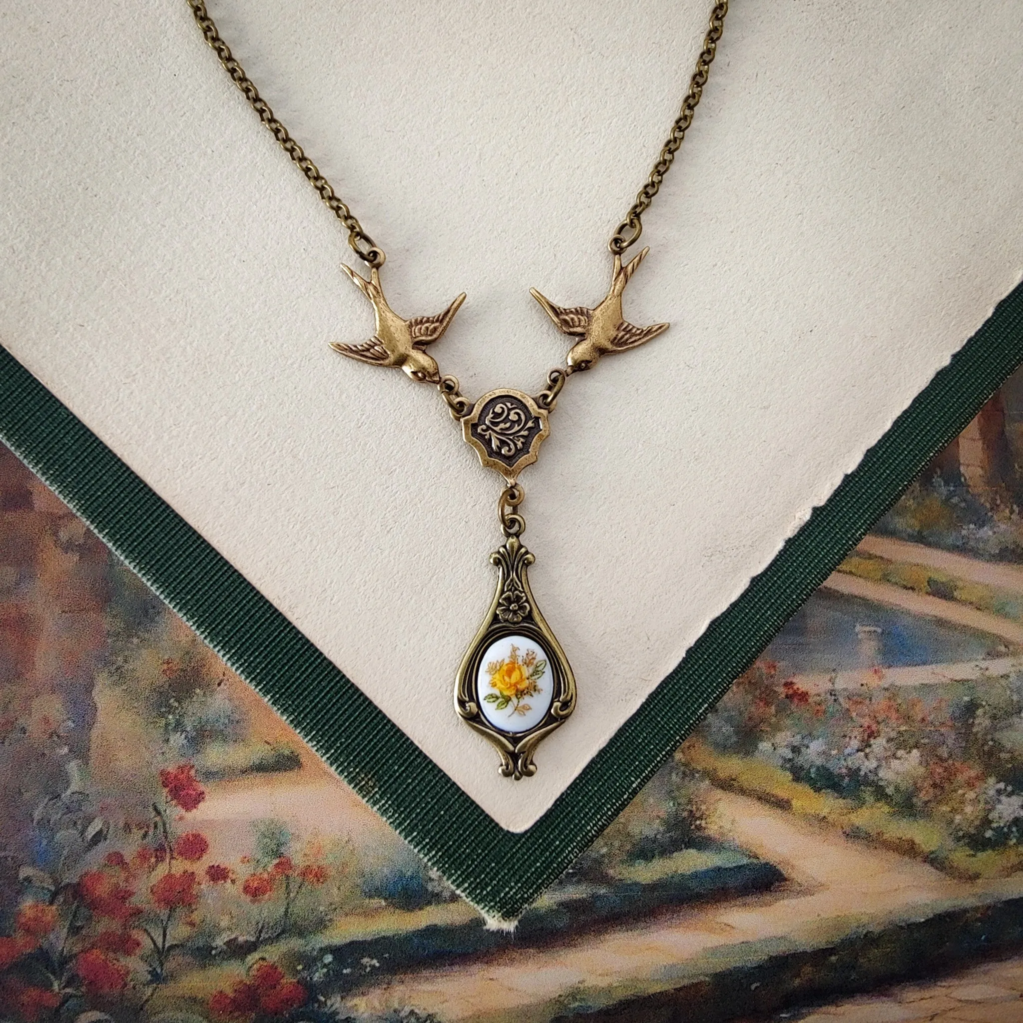 Rose Cameo Necklace with Birds in Antiqued Brass or Silver Choose Blue, Yellow, or Pink