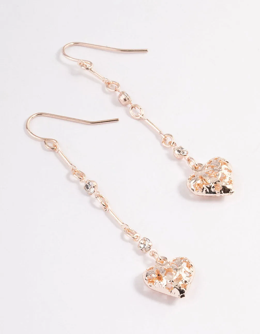 Rose Gold Diamante Filifgree Heart Drop Earrings