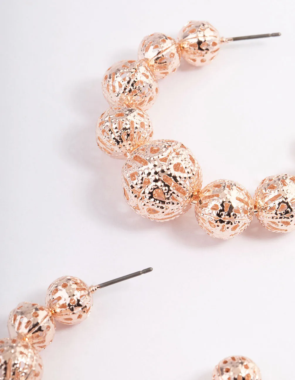 Rose Gold Filigree Graduated Ball Hoop Earrings